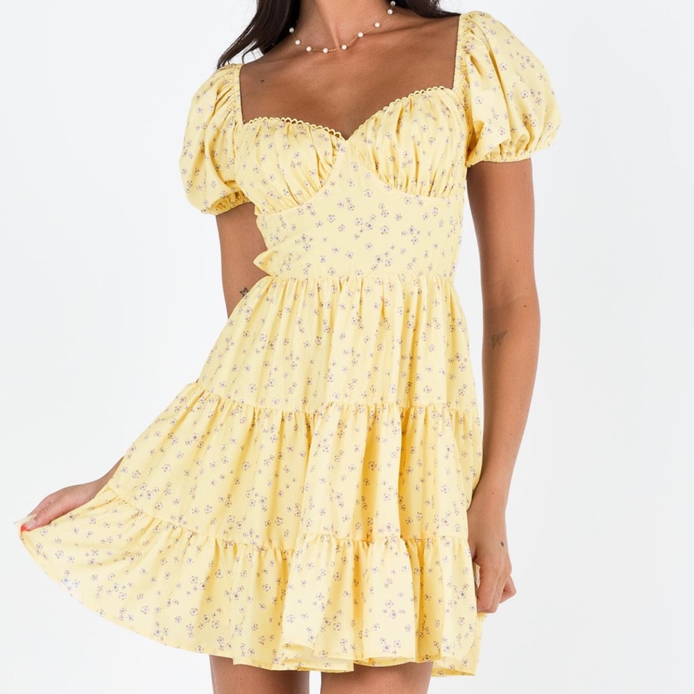 Princess Polly Danny Yellow Floral Puff Sleeve Mini Dress, size 8